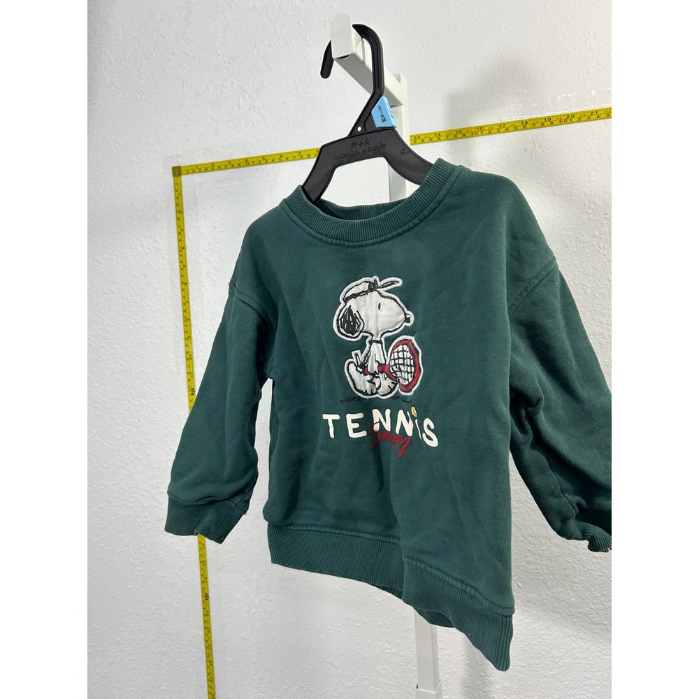 Mango Kids Peanuts Snoopy Tennis Sweatshirt Green Crewneck Pullover Size 3-4Y